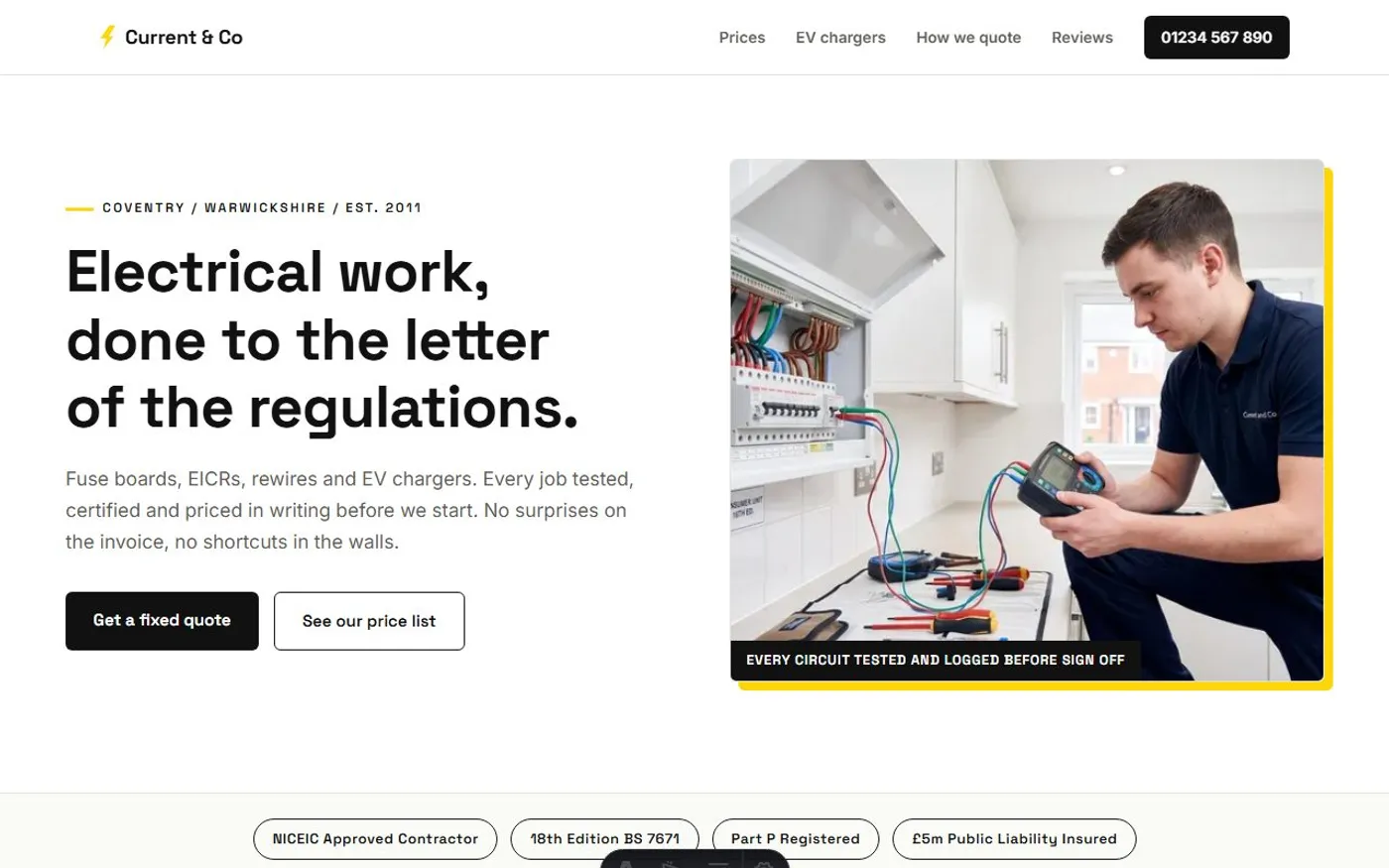 Current & Co Electrical, a sample electrician website we designed