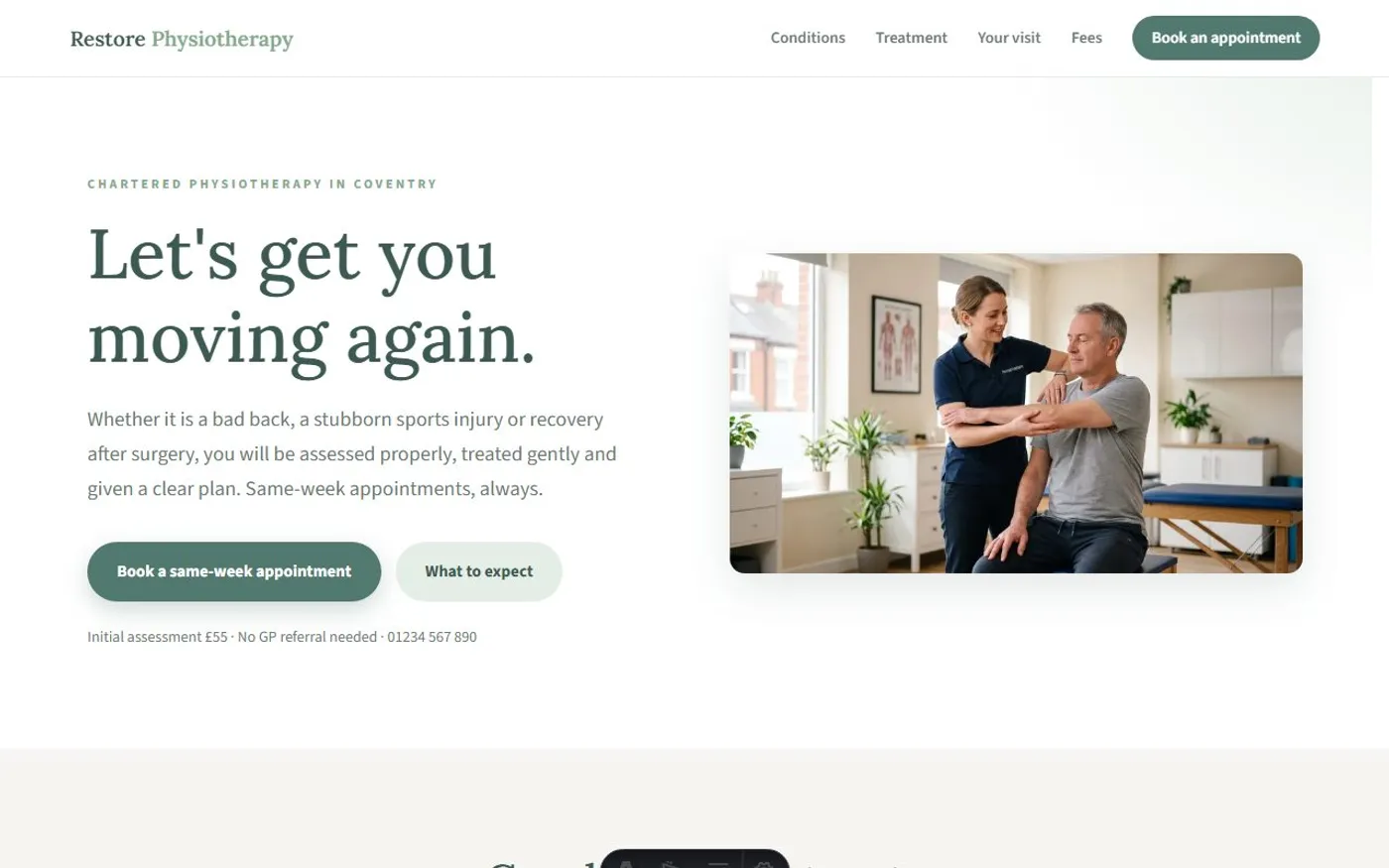 Restore Physiotherapy, a sample physiotherapist website we designed